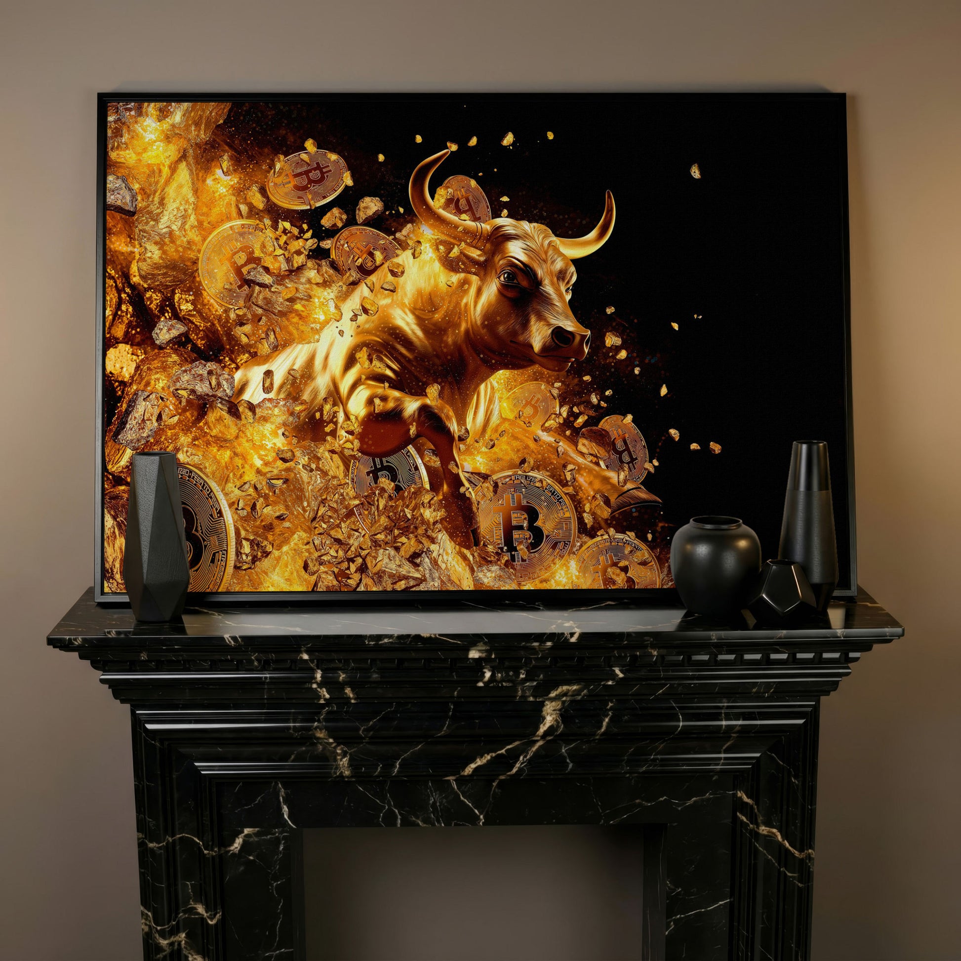 Gold Bull with Bitcoin Canvas Art in black floating frame