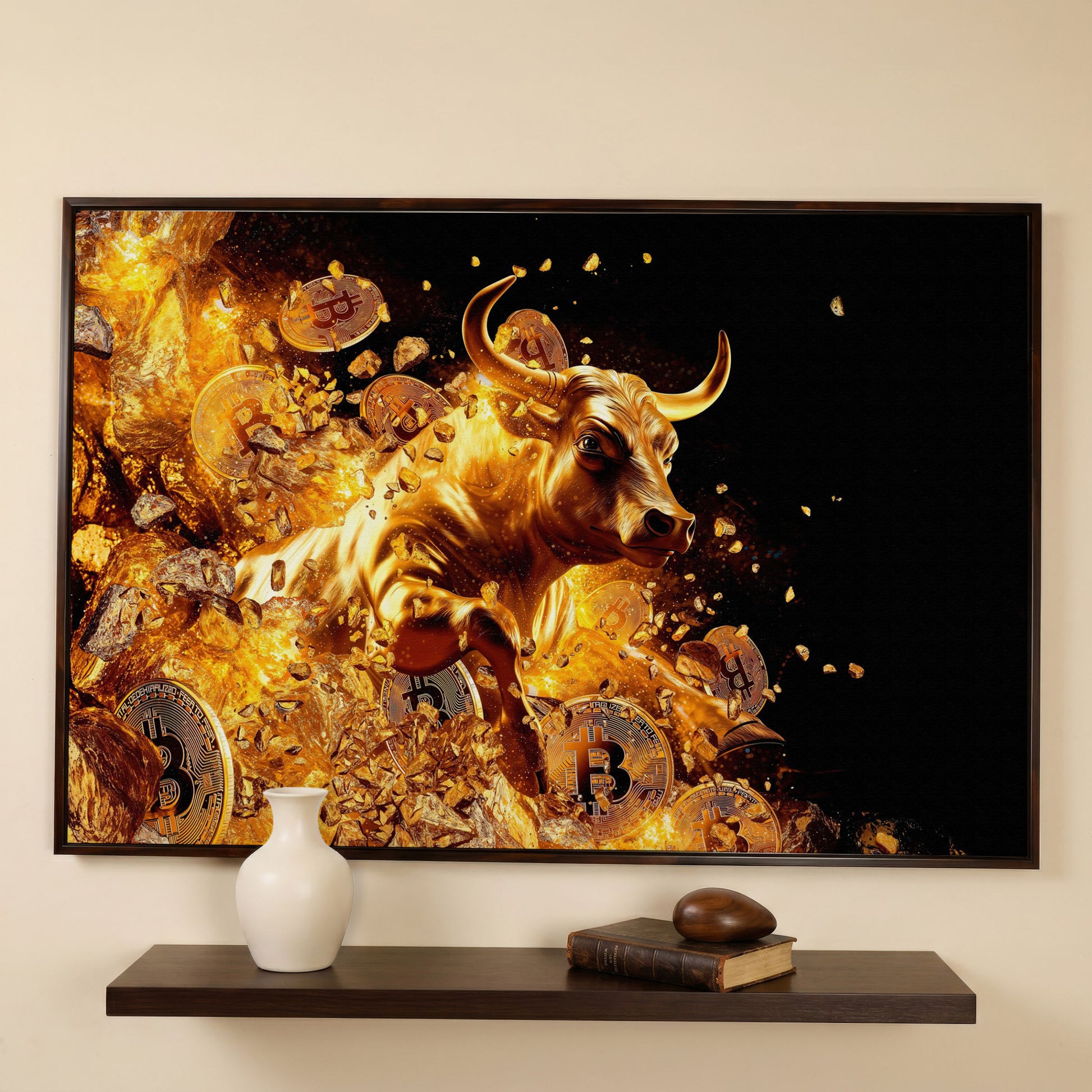 Gold Bull with Bitcoin Canvas Art in dark walnut floating frame