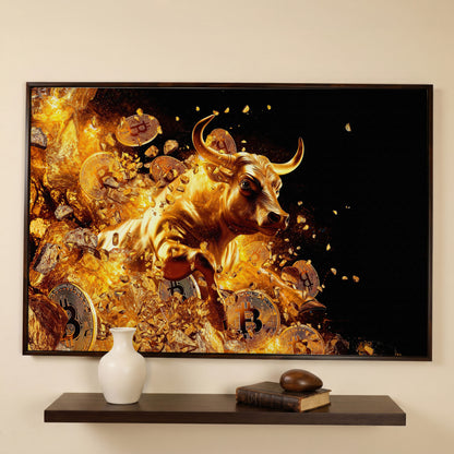 Gold Bull with Bitcoin Canvas Art in dark walnut floating frame