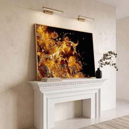 Gold Bull with Bitcoin Canvas Art in white oak floating frame