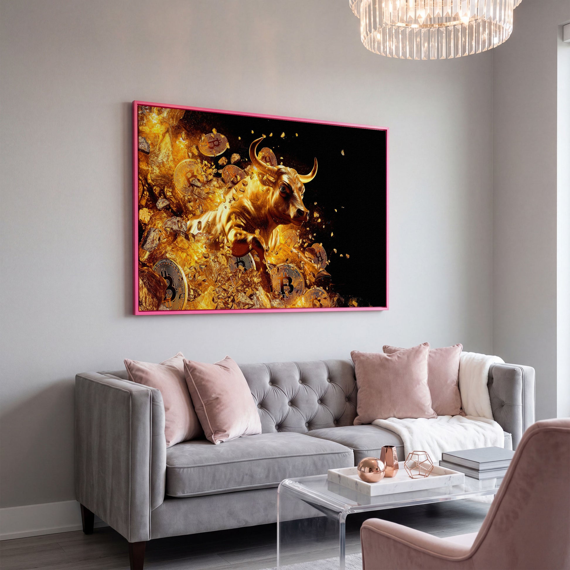 Gold Bull with Bitcoin Canvas Art in pink floating frame