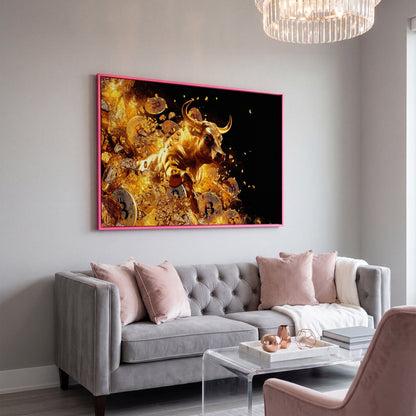 Gold Bull with Bitcoin Canvas Art in pink floating frame