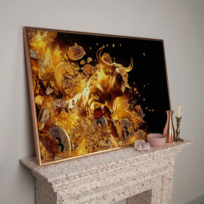Gold Bull with Bitcoin Canvas Art in rose gold floating frame
