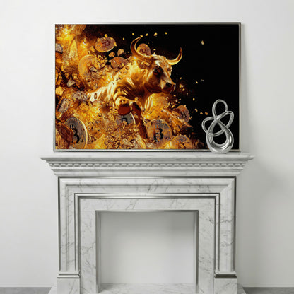 Gold Bull with Bitcoin Canvas Art in silver floating frame