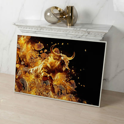 Gold Bull with Bitcoin Canvas Art in white floating frame
