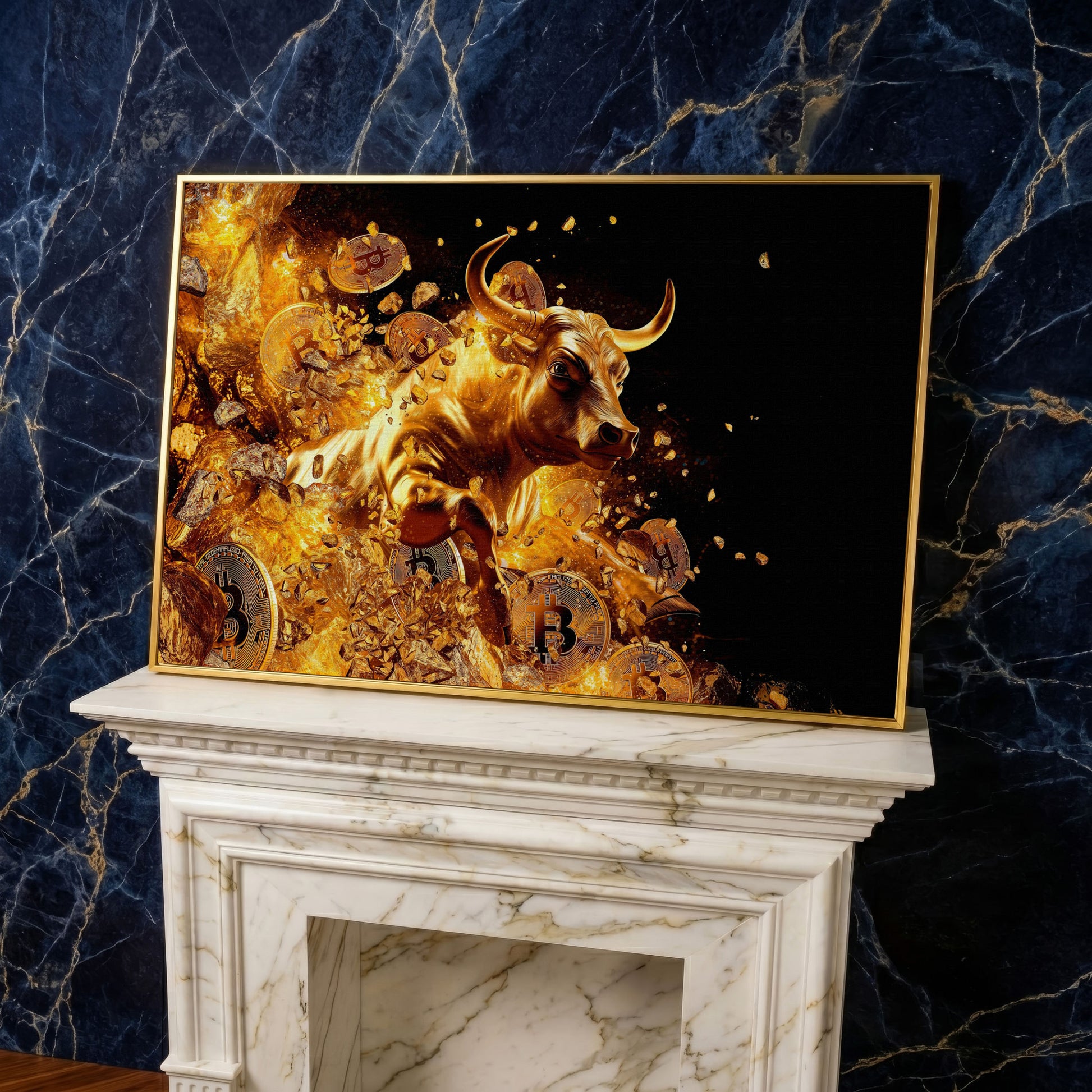 Gold Bull with Bitcoin Canvas Art in yellow gold floating frame