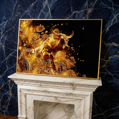 Gold Bull with Bitcoin Canvas Art in yellow gold floating frame