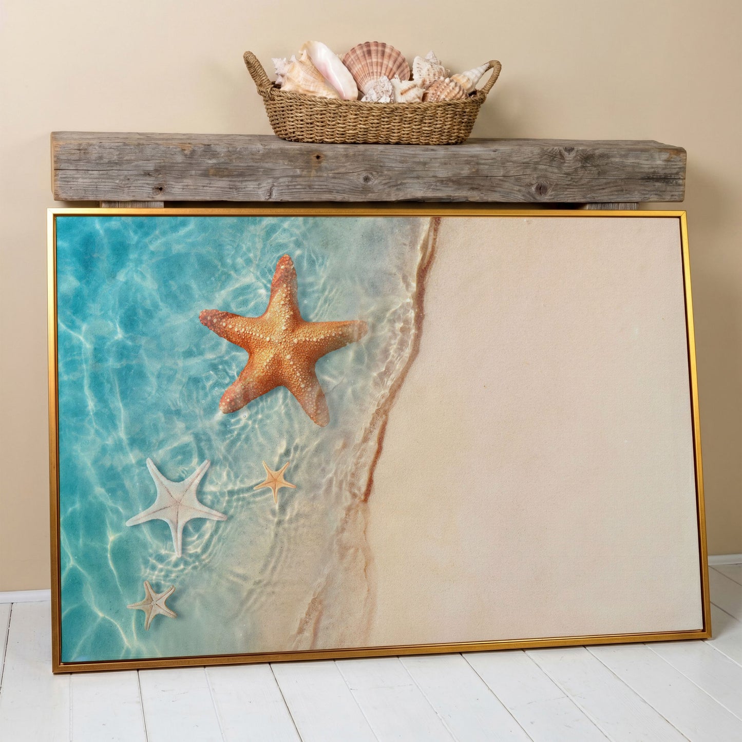 Starfish in Clear Sea Water Canvas Print in antique gold floating frame