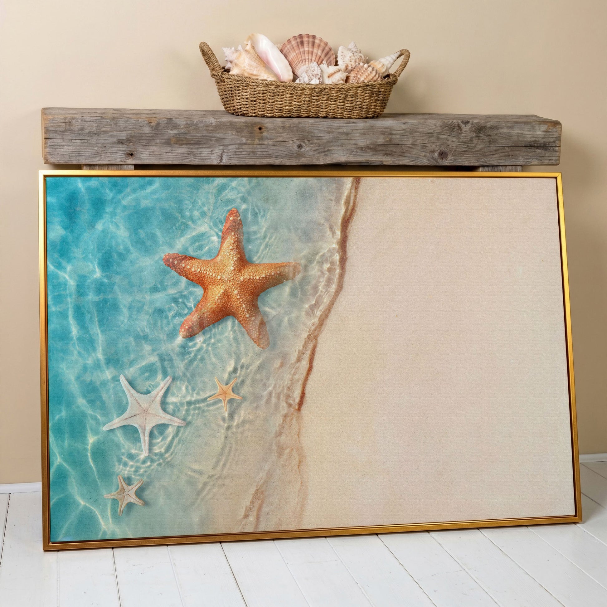 Starfish in Clear Sea Water Canvas Print in antique gold floating frame