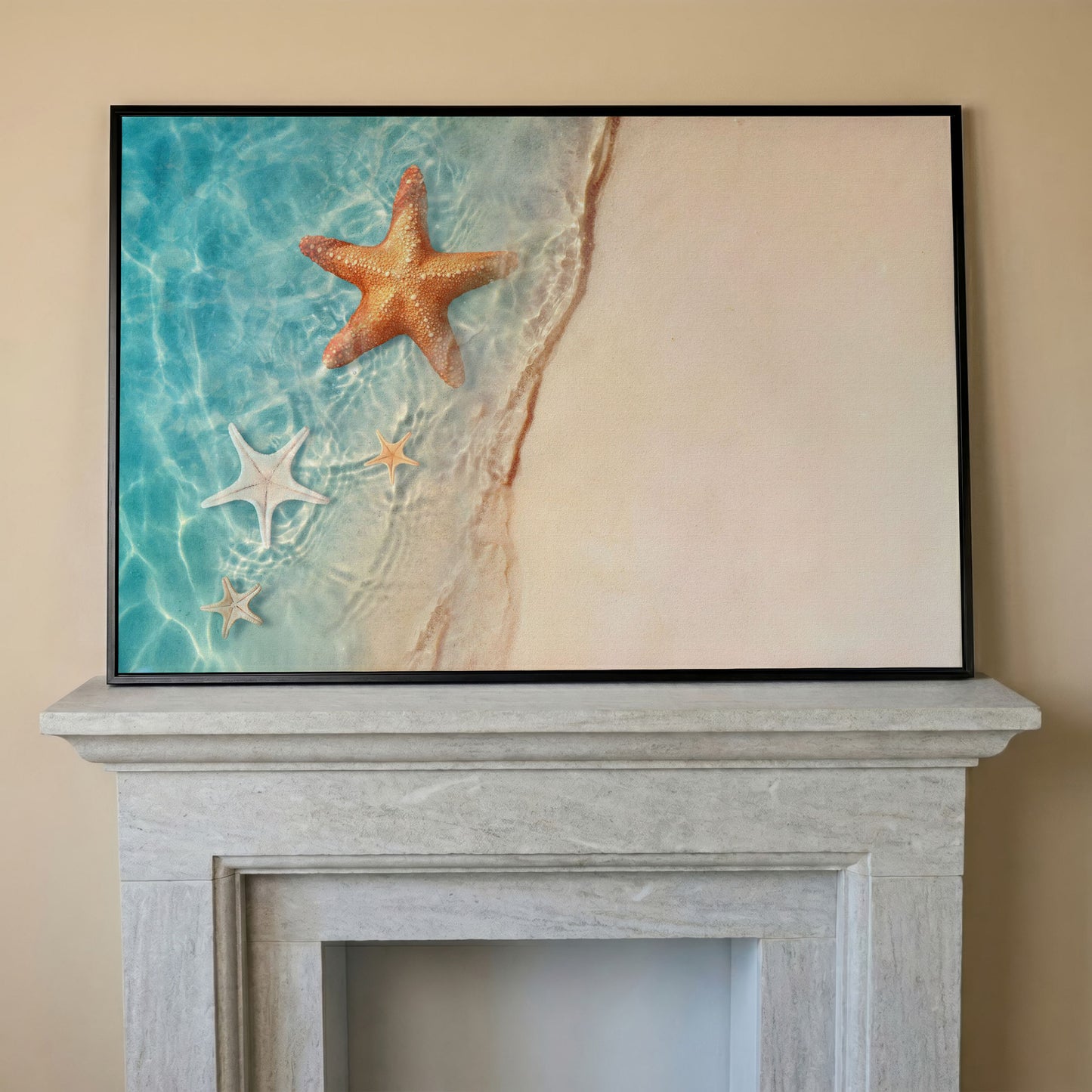 Starfish in Clear Sea Water Canvas Print in black floating frame