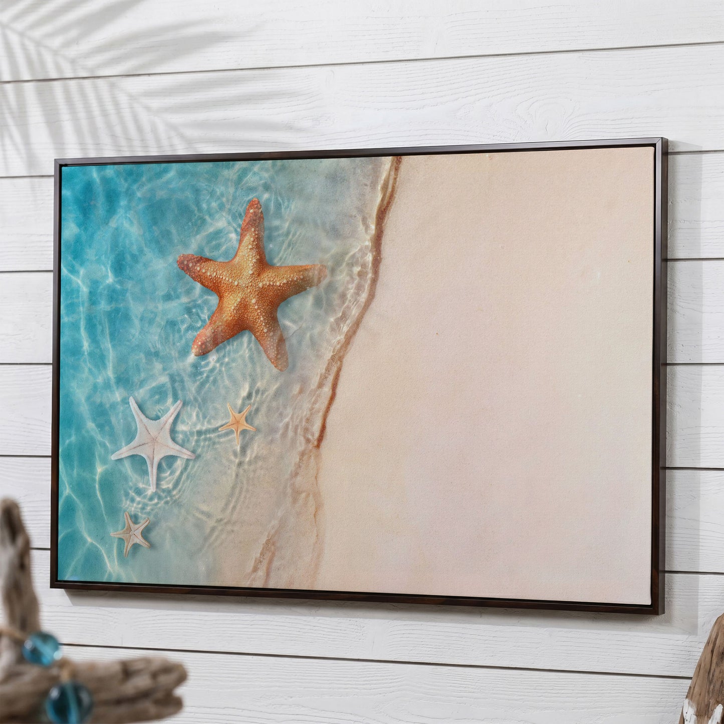 Starfish in Clear Sea Water Canvas Print in dark walnut floating frame