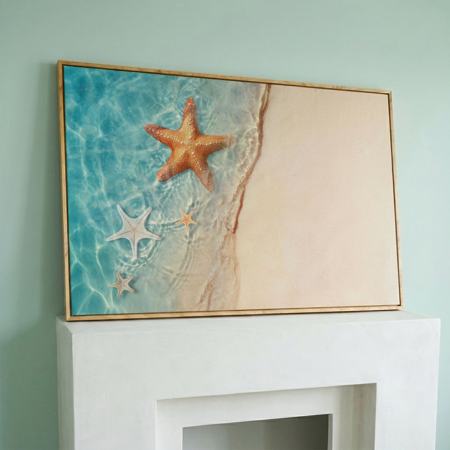 Starfish in Clear Sea Water Canvas Print in white oak floating frame