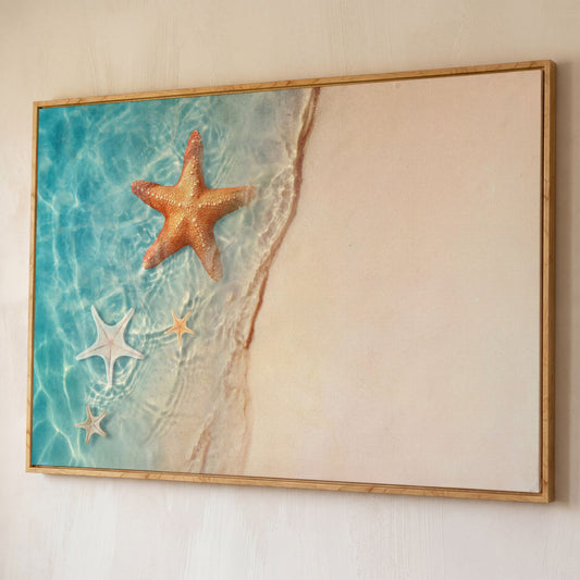 Starfish in Clear Sea Water Canvas Print shown in white oak floating frame