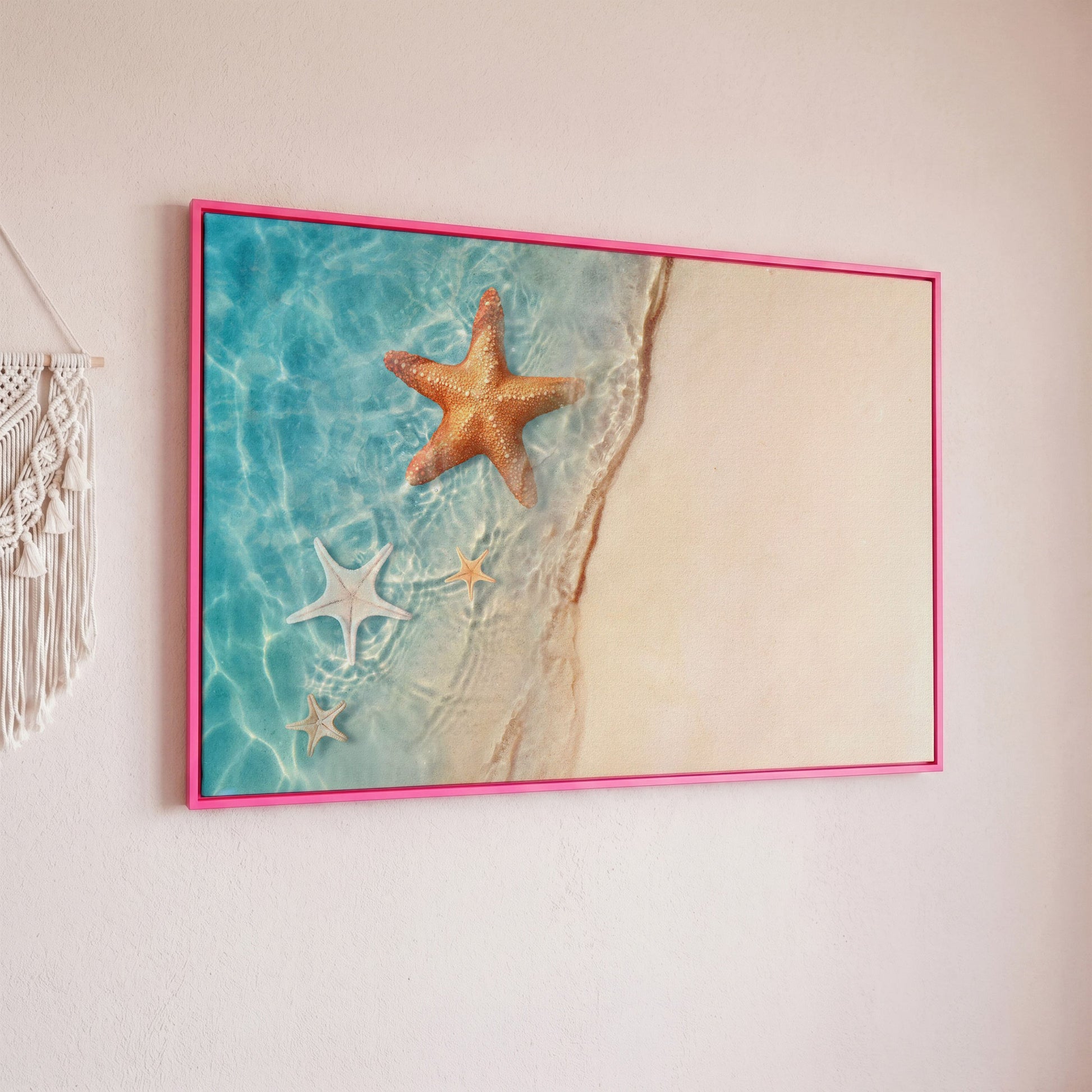 Starfish in Clear Sea Water Canvas Print in pink floating frame
