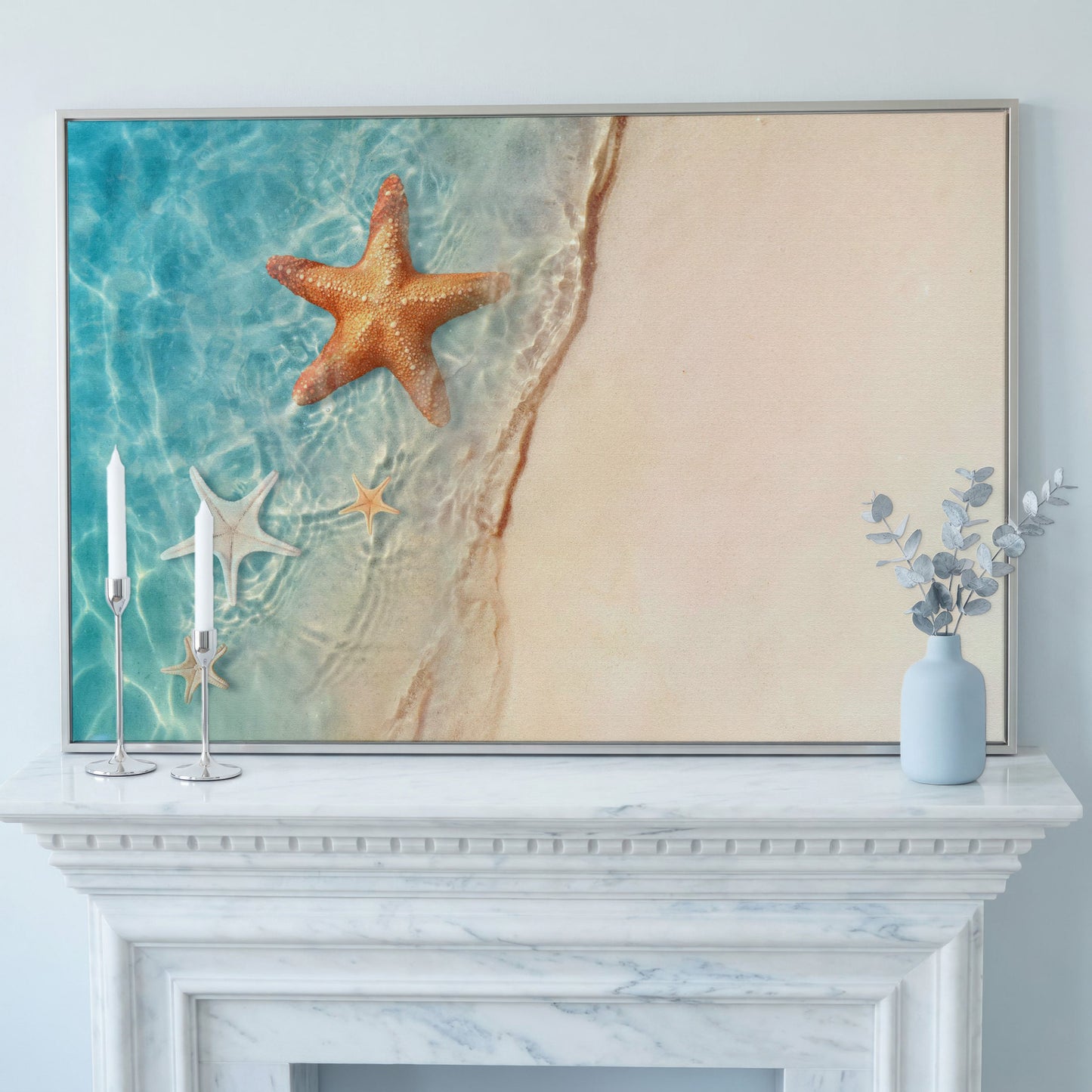 Starfish in Clear Sea Water Canvas Print in silver floating frame