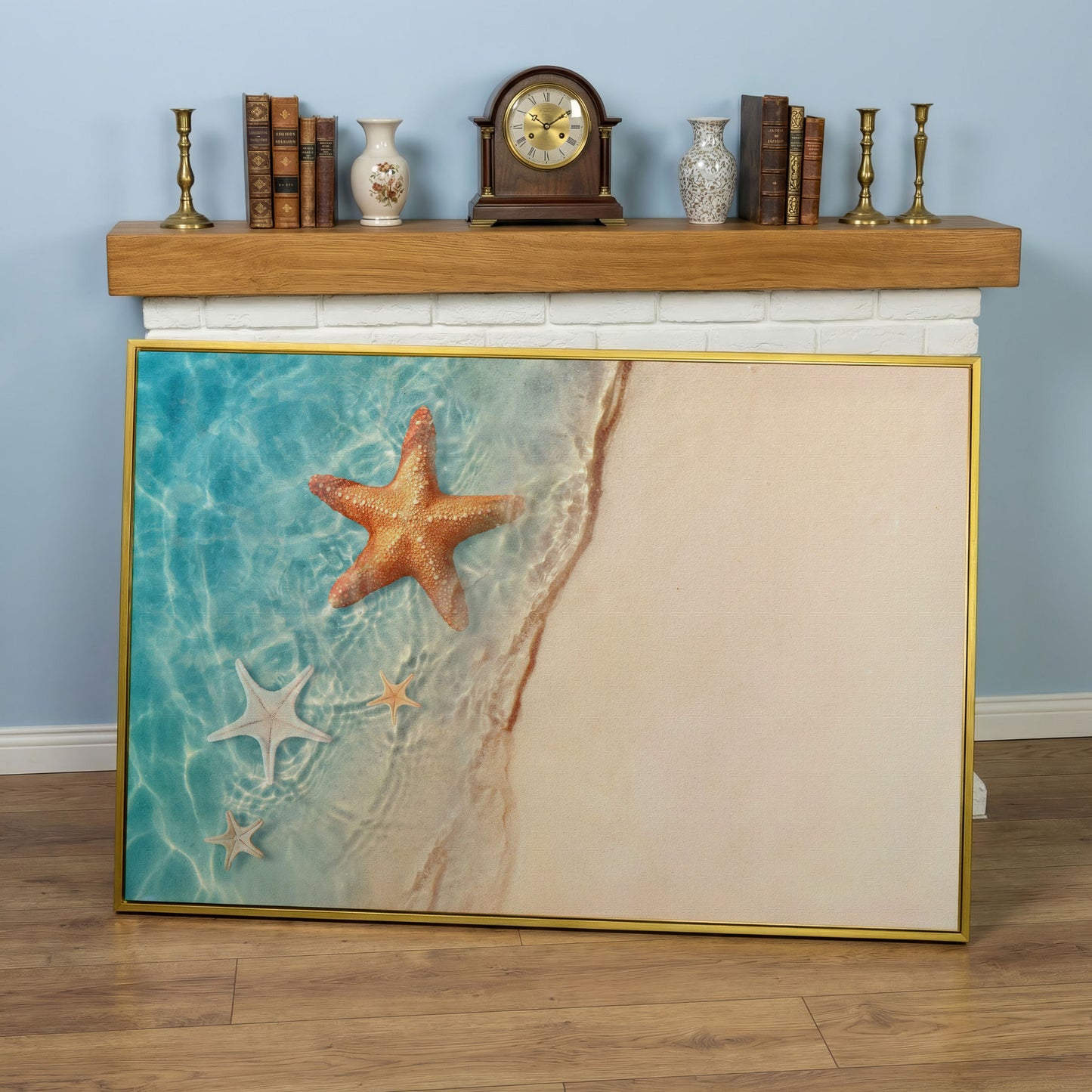 Starfish in Clear Sea Water Canvas Print in yellow gold floating frame