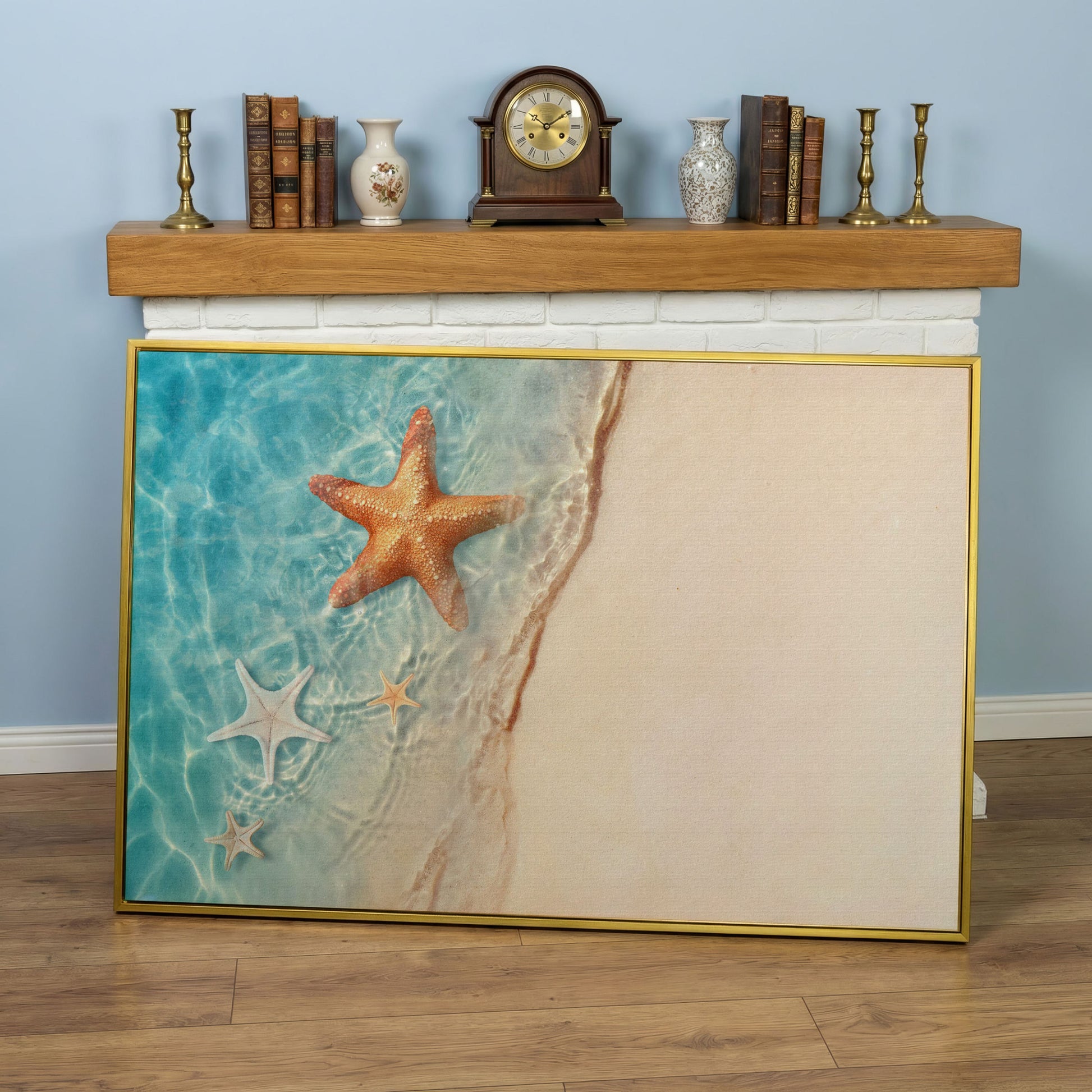 Starfish in Clear Sea Water Canvas Print in yellow gold floating frame