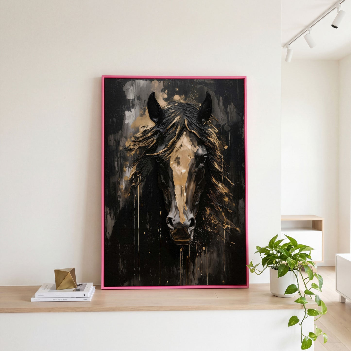 Close-Up Horse Portrait Canvas Art, Oil Painting Style in pink floating frame