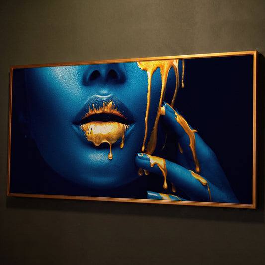 Abstract Woman Face with Gold Lips Canvas shown in antique gold floating frame