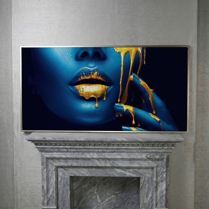 Abstract Woman Face with Gold Lips Canvas in silver floating frame