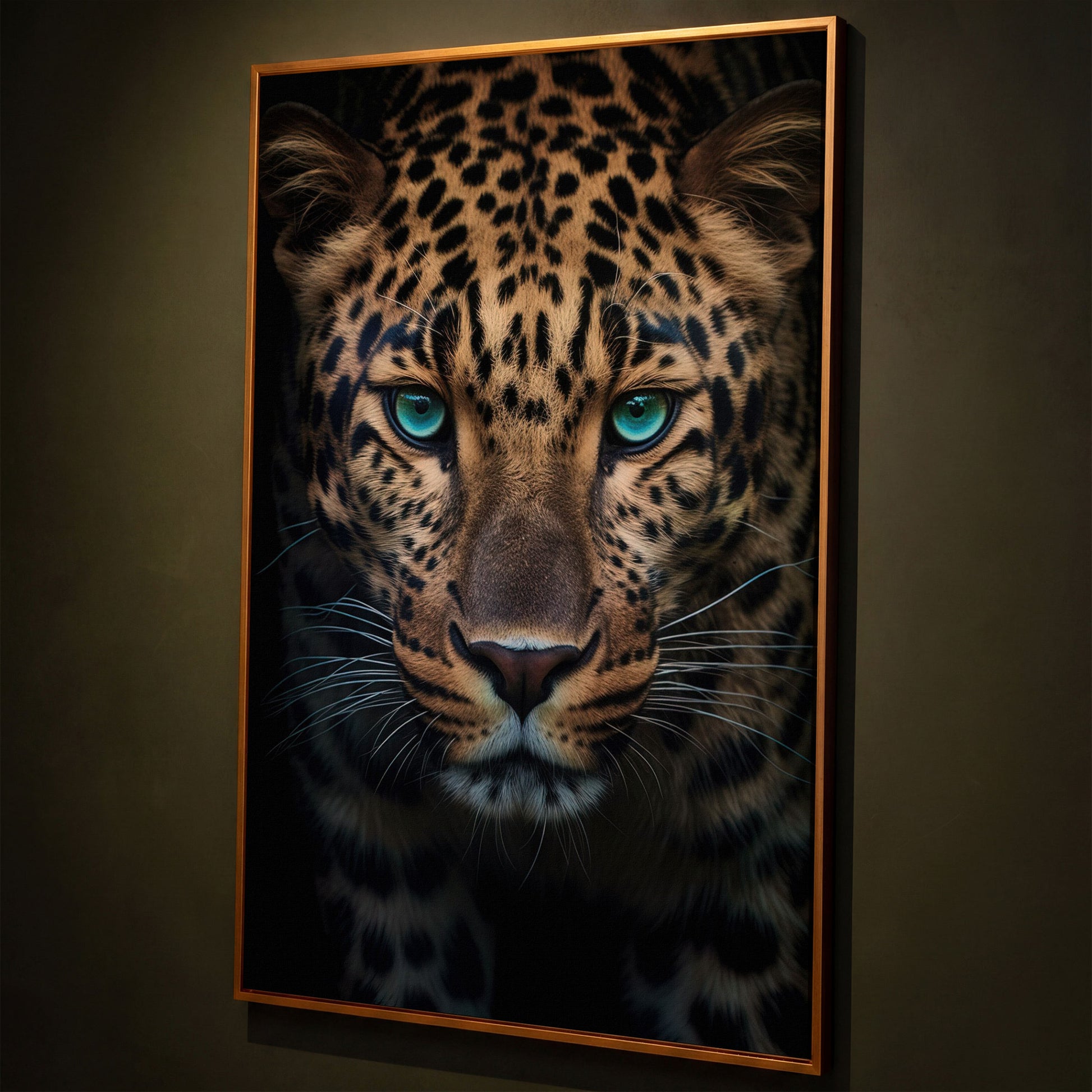 Gold Leopard Portrait Canvas Art shown in antique gold floating frame