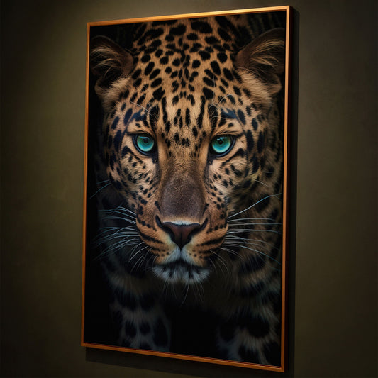 Gold Leopard Portrait Canvas Art shown in antique gold floating frame