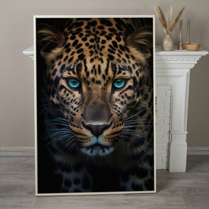 Gold Leopard Portrait Canvas Art in white floating frame