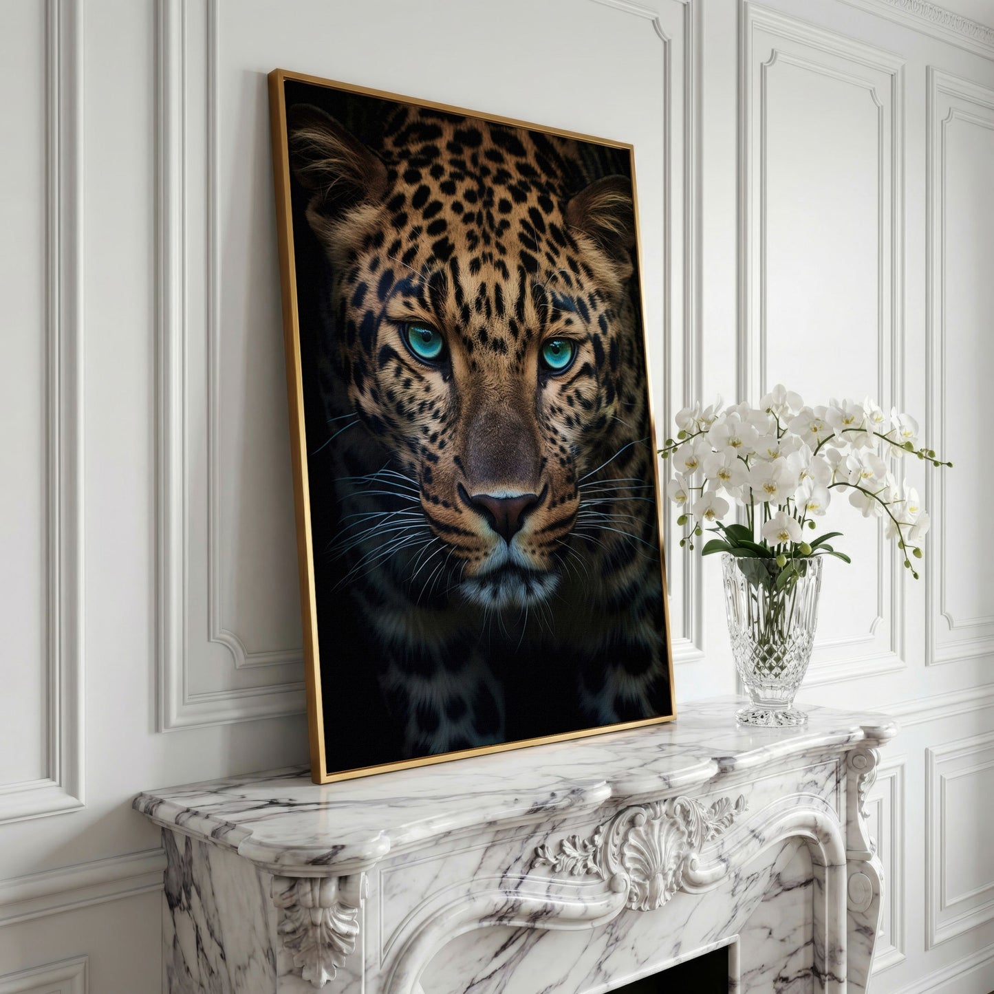 Gold Leopard Portrait Canvas Art in yellow gold floating frame