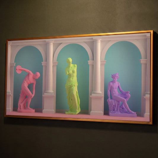 Three Greek Statues in Monochrome Pop Art Canvas shown in antique gold floating frame