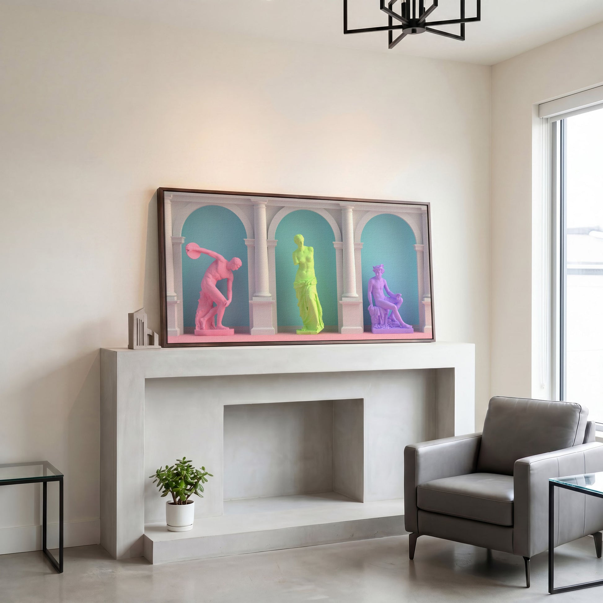 Three Greek Statues in Monochrome Pop Art Canvas in dark walnut floating frame