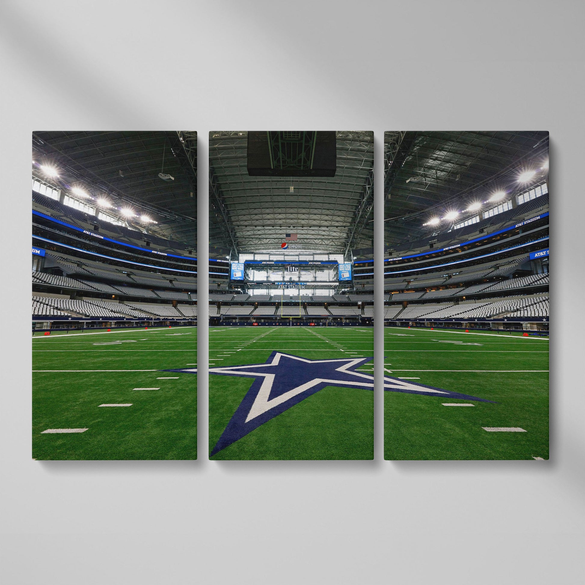 AT&T Stadium Field View Canvas Art, Dallas Cowboys Star as 3-panel split version