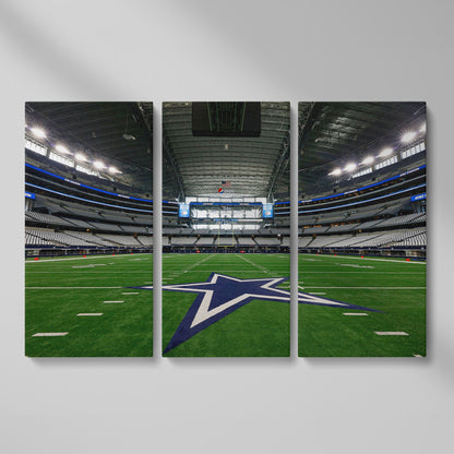 AT&T Stadium Field View Canvas Art, Dallas Cowboys Star as 3-panel split version