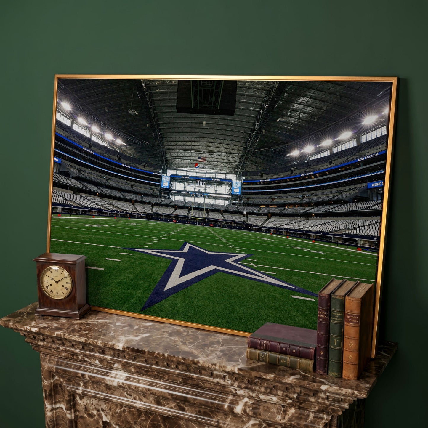 AT&T Stadium Field View Canvas Art, Dallas Cowboys Star in antique gold floating frame
