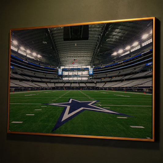 AT&T Stadium Field View Canvas Art, Dallas Cowboys Star shown in antique gold floating frame