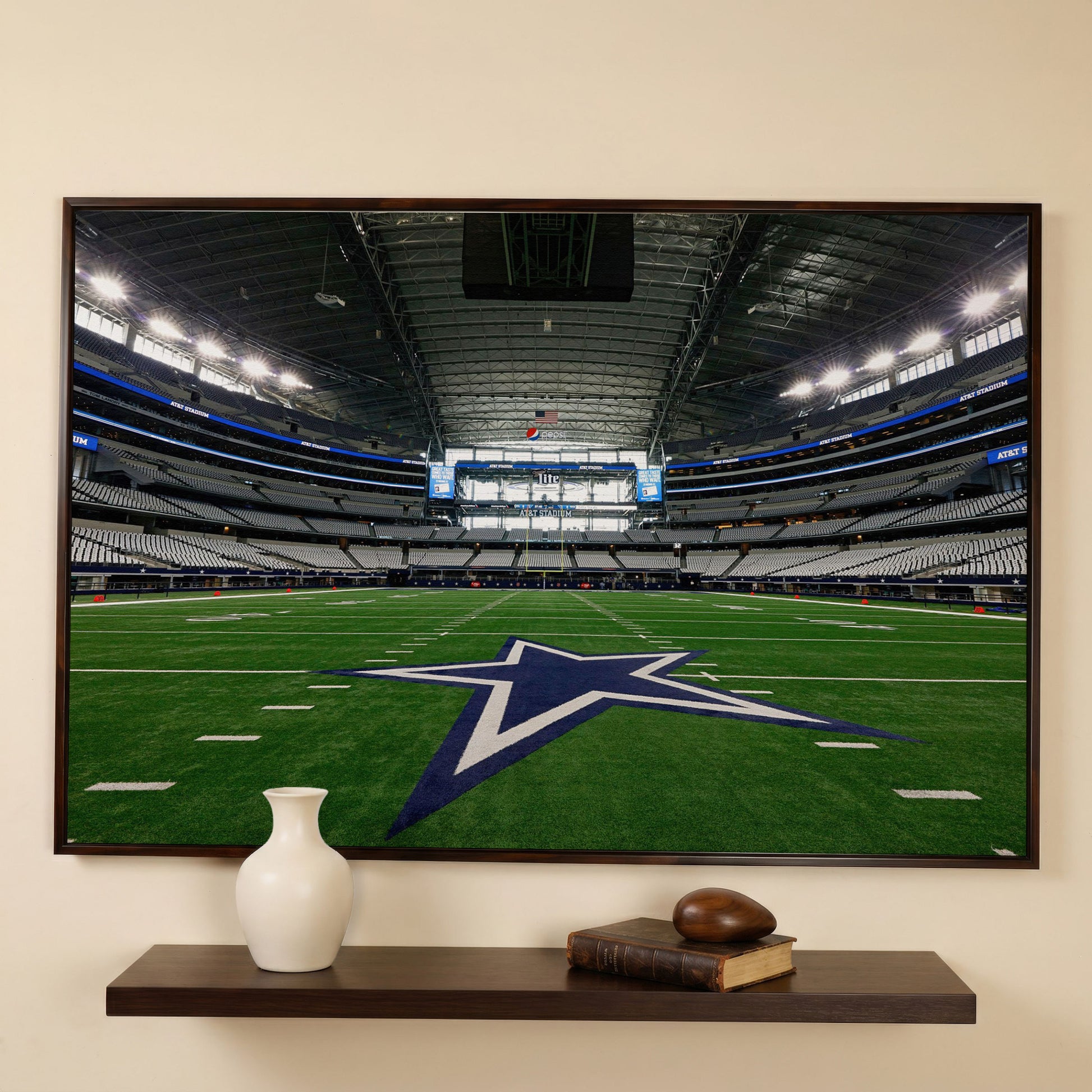 AT&T Stadium Field View Canvas Art, Dallas Cowboys Star in dark walnut floating frame