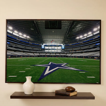 AT&T Stadium Field View Canvas Art, Dallas Cowboys Star in dark walnut floating frame