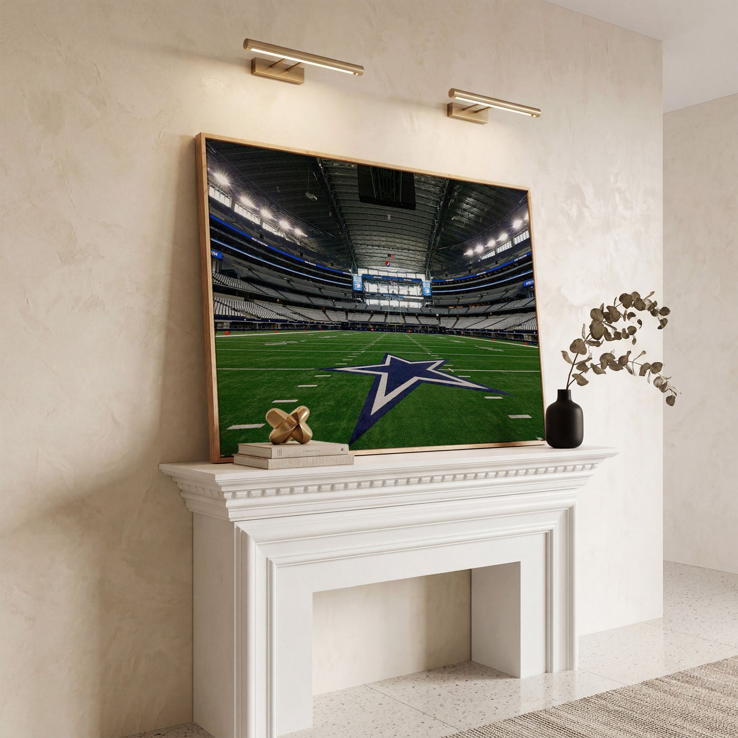 AT&T Stadium Field View Canvas Art, Dallas Cowboys Star in white oak floating frame