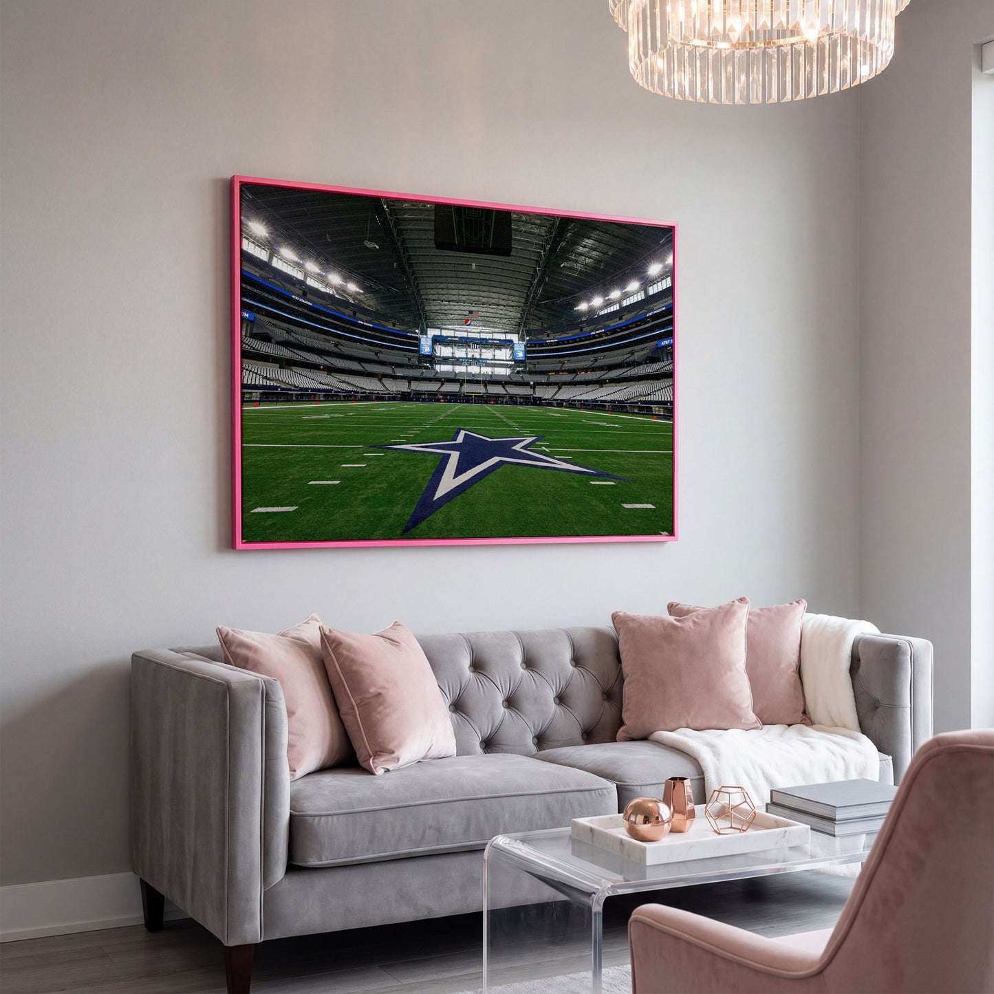 AT&T Stadium Field View Canvas Art, Dallas Cowboys Star in pink floating frame