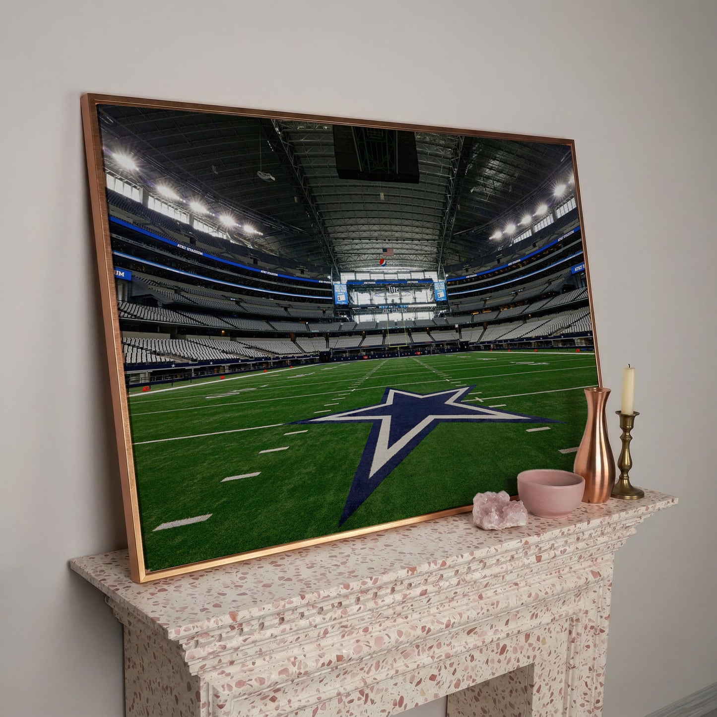 AT&T Stadium Field View Canvas Art, Dallas Cowboys Star in rose gold floating frame