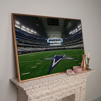 AT&T Stadium Field View Canvas Art, Dallas Cowboys Star in rose gold floating frame
