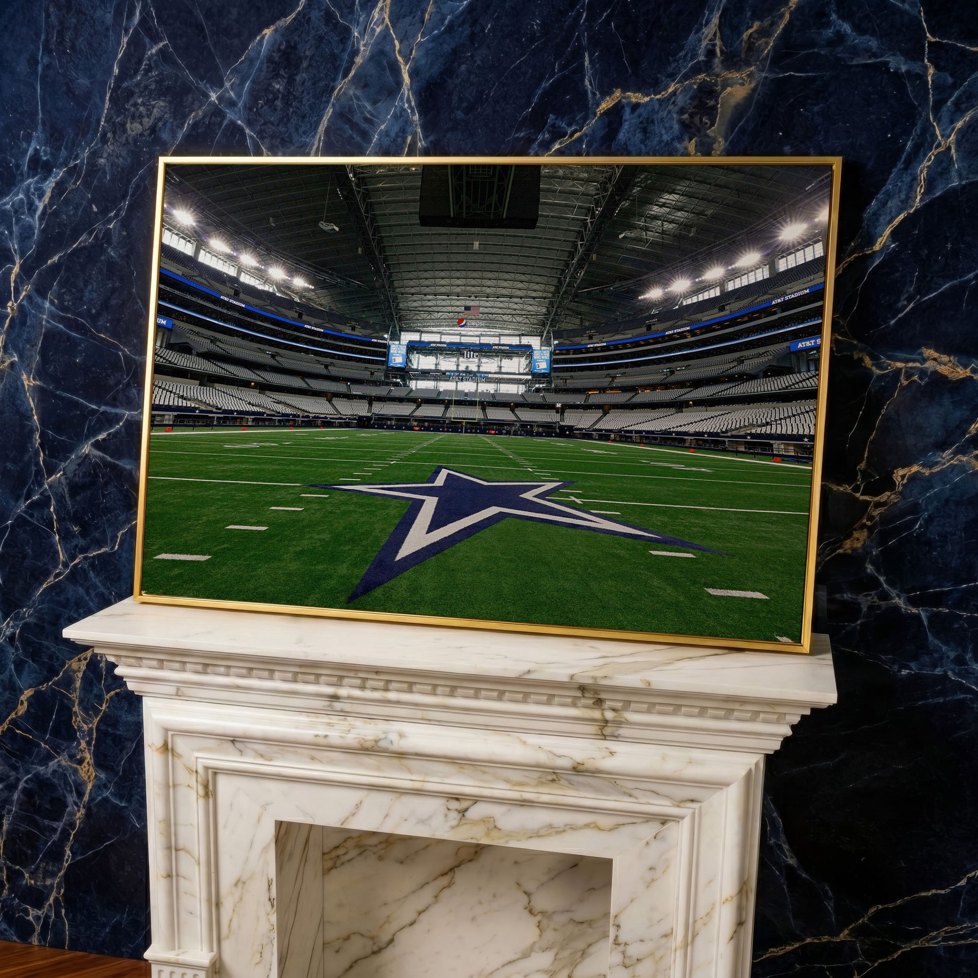 AT&T Stadium Field View Canvas Art, Dallas Cowboys Star in yellow gold floating frame