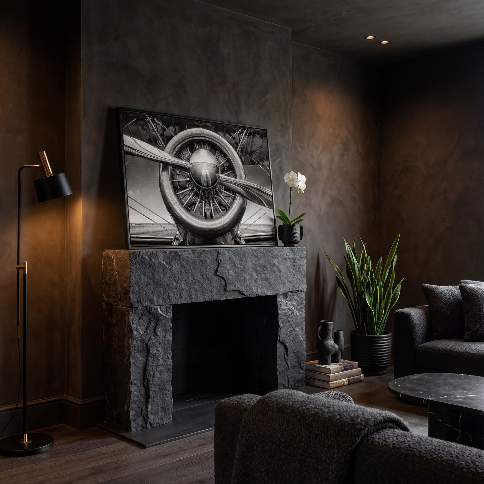 Vintage Aircraft Propeller Canvas Wall Art in black floating frame