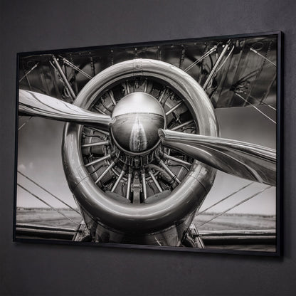 Vintage Aircraft Propeller Canvas Wall Art shown in black floating frame