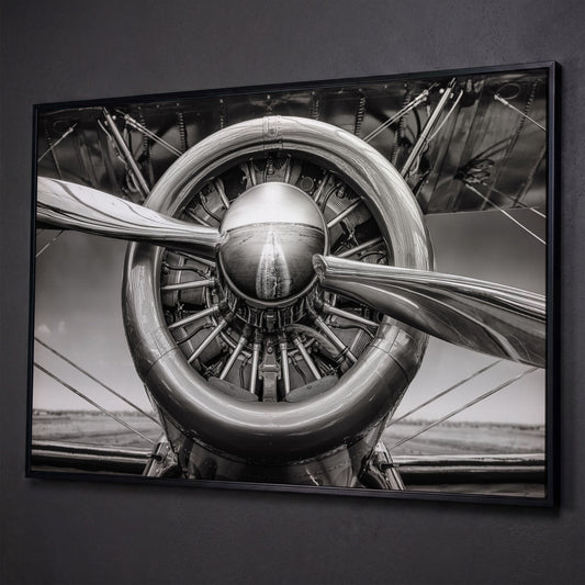 Vintage Aircraft Propeller Canvas Wall Art shown in black floating frame