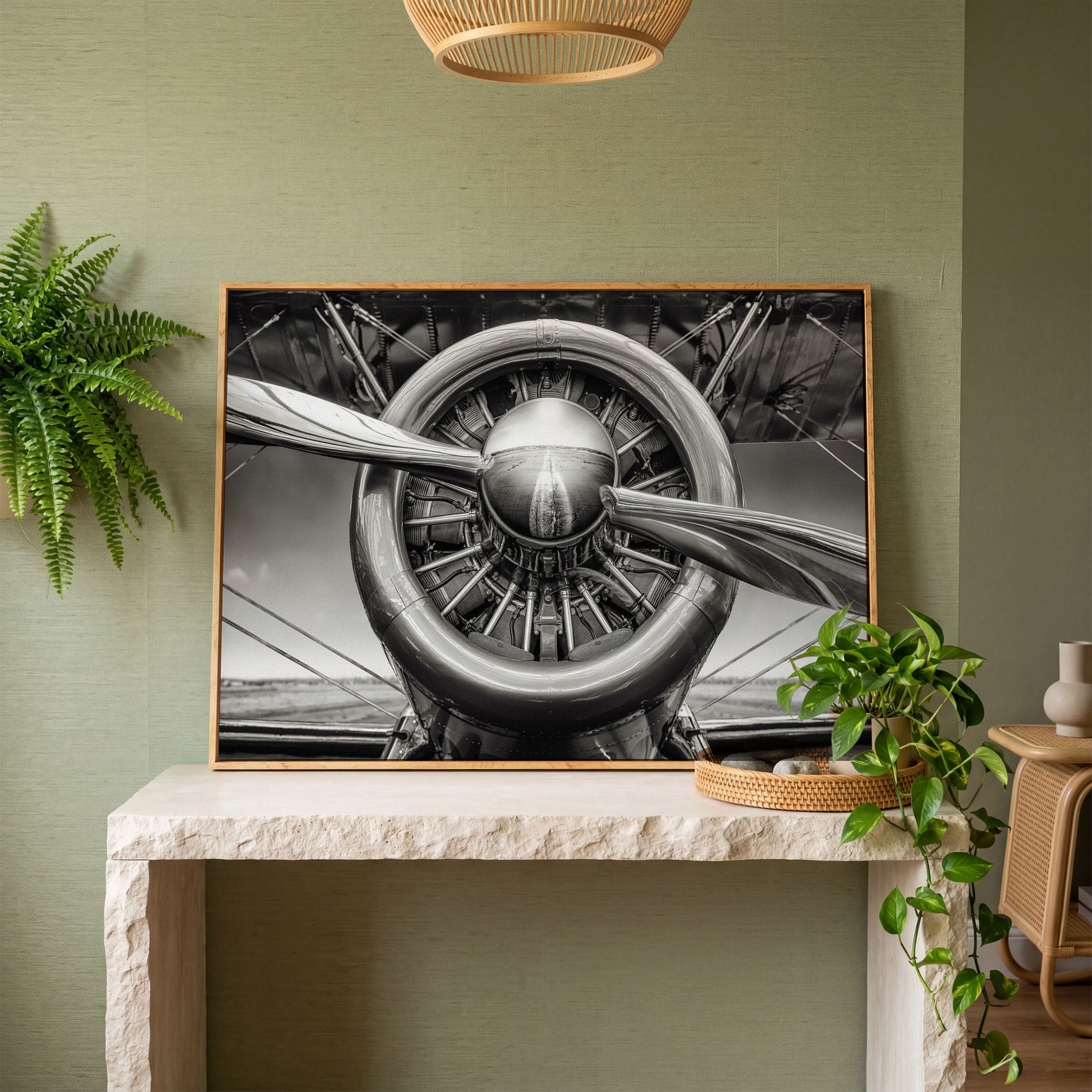 Vintage Aircraft Propeller Canvas Wall Art in white oak floating frame