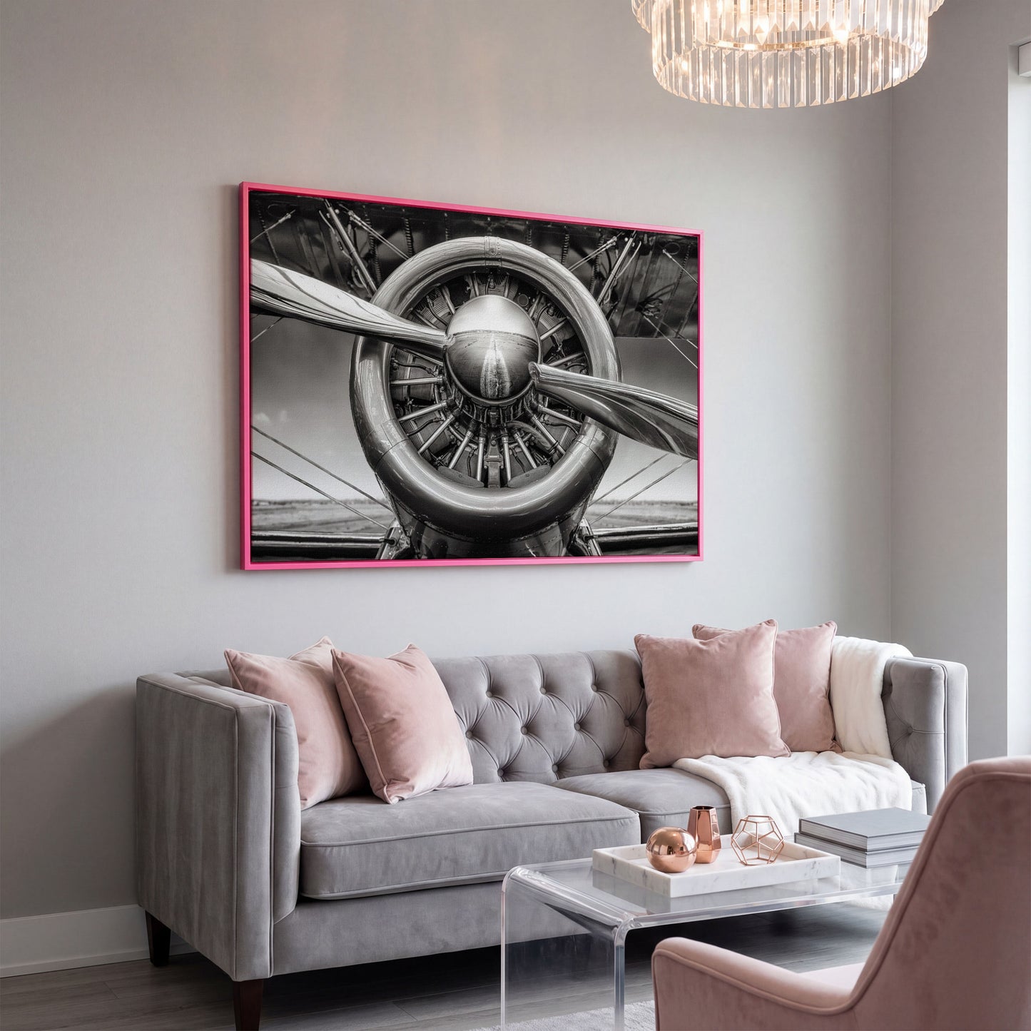 Vintage Aircraft Propeller Canvas Wall Art in pink floating frame