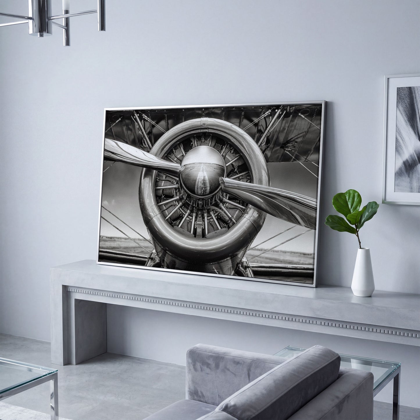 Vintage Aircraft Propeller Canvas Wall Art in silver floating frame