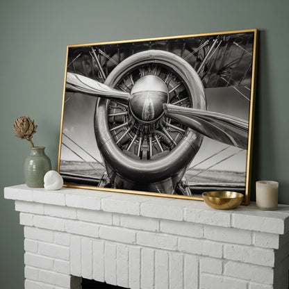 Vintage Aircraft Propeller Canvas Wall Art in yellow gold floating frame