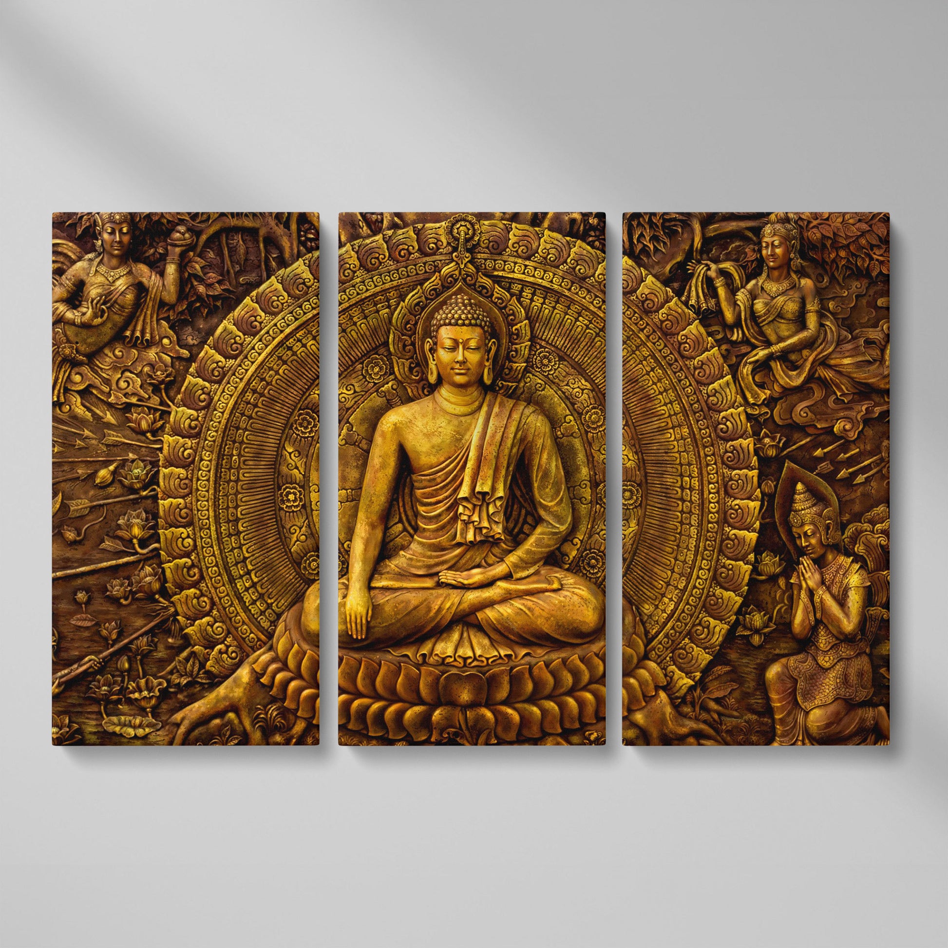 Golden Buddha Ornament Canvas as 3-panel split version