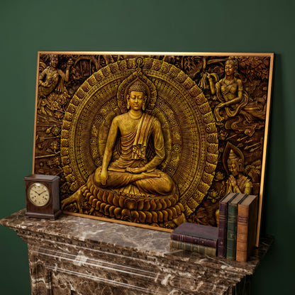 Golden Buddha Ornament Canvas in antique gold floating frame